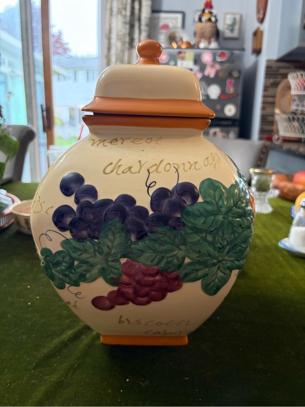 Nonni’s vintage Ceramic Decorative Jar with Grape Motif - Cream, Green, Purple